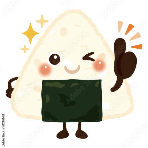 グッドサインを出すおにぎりのキャラクターイラスト／Cute Rice Ball Character Illustration Giving a Thumbs-Up