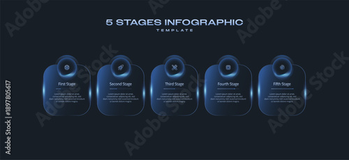 Infographic Tech Template with Minimal Neon Gradient Elements. UI Interface Linear Layout 5 Step diagram. Presentation graph. Business concept with number and icon 5 options or stages. Dark Vector inf