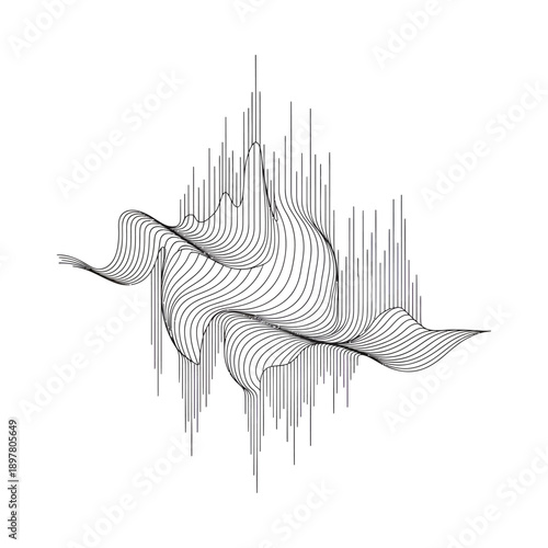 Abstract sound wave design with swirling lines and vertical bars on a white background creating a futuristic audio visualization effect
