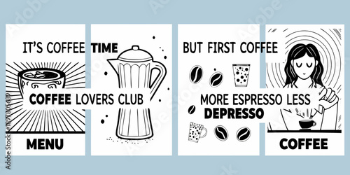 Four black and white coffee themed illustrations with typography and designs