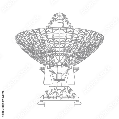 Large radio telescope antenna in a technical drawing illustrating a scientific instrument for astronomical research and space exploration in a detailed engineering design