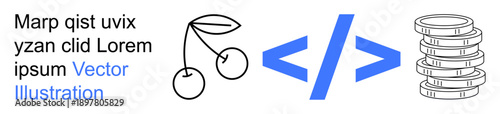 Technology, finance, development, coding, economy, investment. cherries, a code symbol and coin stacks. Technology and finance through visual elements