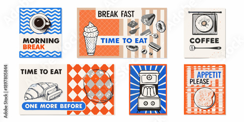 Retro style breakfast and coffee themed illustrations in a grid layout