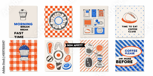 Collection of illustrated cards featuring breakfast and coffee themed designs