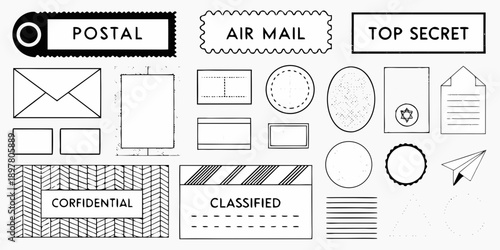 Collection of black and white postal stamps labels and envelope shapes