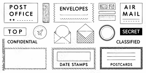 Vintage postage stamps and mail envelopes in black and white illustration