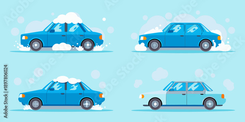 Blue cars navigating snowy conditions in a cartoon illustration