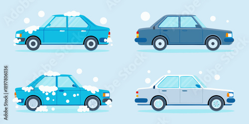 Four cartoon cars covered in snow during a winter scene