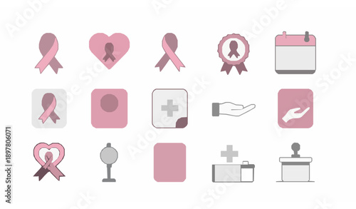 Breast cancer awareness outline icon set pink ribbon vector