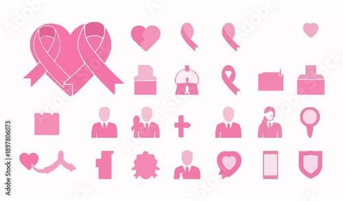 Breast cancer pink ribbon flat icon set vector