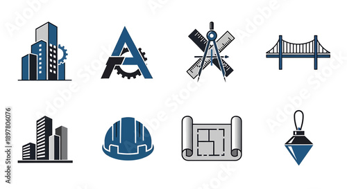 Architecture and Engineering Icons Set: Buildings, Tools, Blueprint, Hard Hat