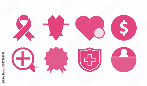 Minimal breast cancer pink ribbon solid icon set vector