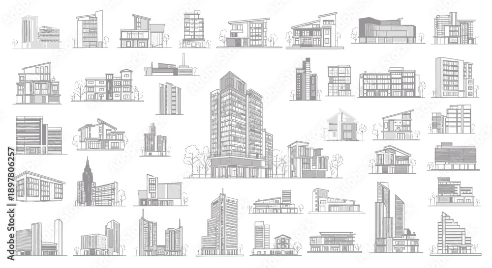 Fototapeta premium Modern Architecture Building Sketches Collection - Cityscape Design Ideas