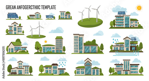 Eco-friendly buildings with solar panels and wind turbines illustration