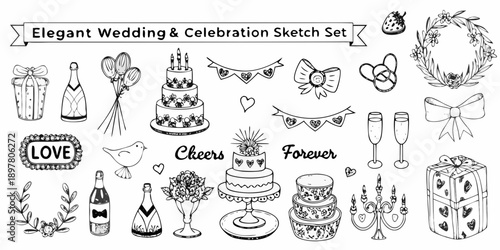 Elegant wedding and celebration sketches flowers cake champagne and gifts