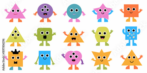 Colorful cartoon shapes with faces and arms arranged in rows