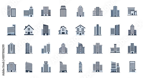 Modern Cityscape Icon Collection: Diverse Buildings and Architecture Illustrations