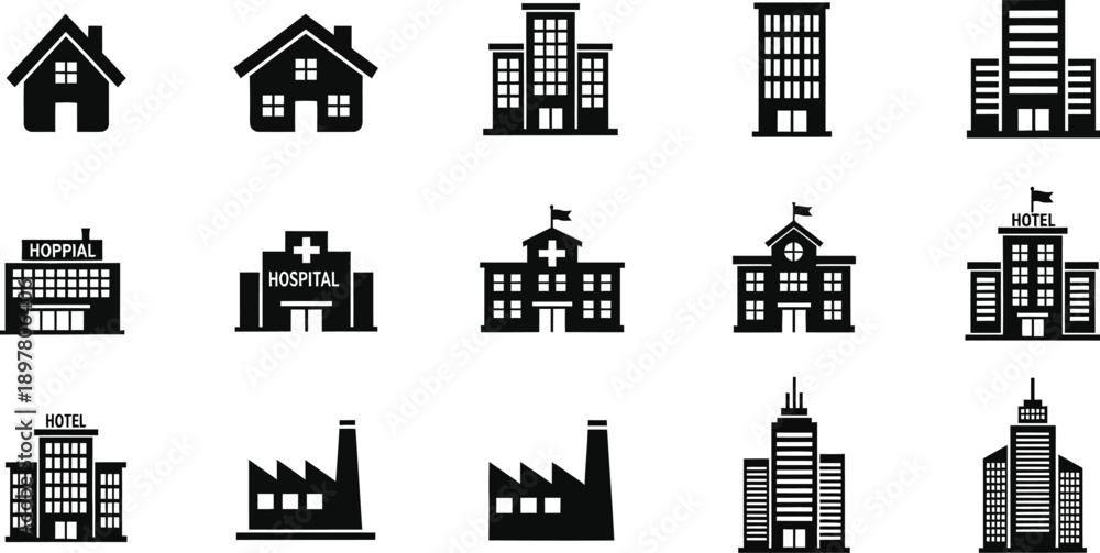 Naklejka premium Residential and industrial building line icon set with transparent background