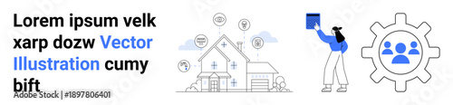 Technology, home automation, data analysis, teamwork, innovation, collaboration. Modern house with icons, a person holding a file and a gear with team symbols. Home automation and data analysis