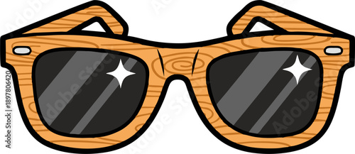Stylish Wooden Sunglasses with Shiny Lenses Cartoon Illustration.