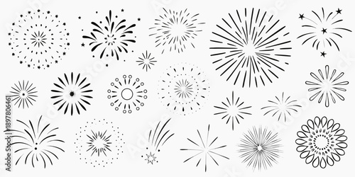 A collection of hand drawn style firework illustrations in black and white