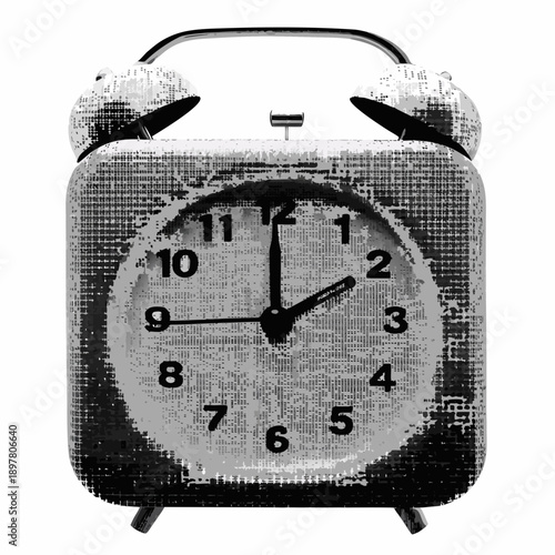 A vintage alarm clock displaying approximately 9 35 in black and white