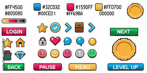 Colorful pixel art interface elements for game or application design