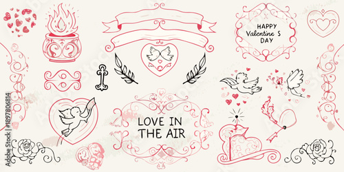 Hand drawn valentine s day elements including hearts doves and romantic flourishes