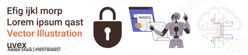 Technology security, data encryption, AI systems, remote work, financial transactions, and cloud services. A lock, robot managing data and cloud illustration. Cybersecurity and AI systems concept