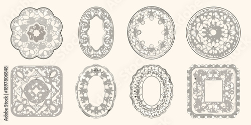 Collection of ornate gray scale lace doilies in various geometric shapes