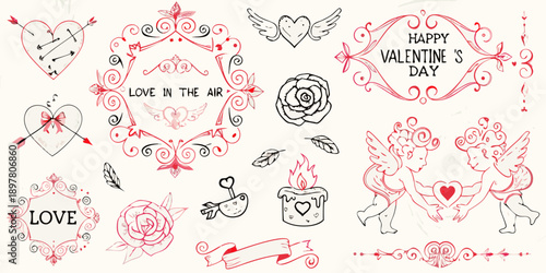 Collection of hand drawn valentine s day themed doodles and illustrations