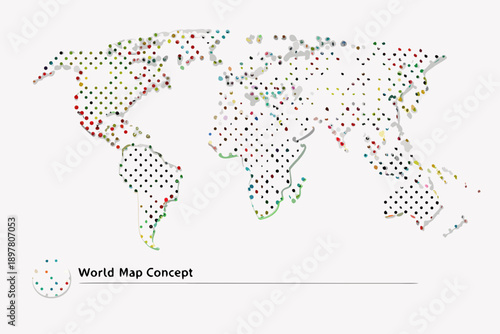 A world map illustrated with colorful dots representing global connections