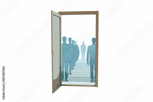 An open doorway reveals a line of silhouetted figures receding into the distance