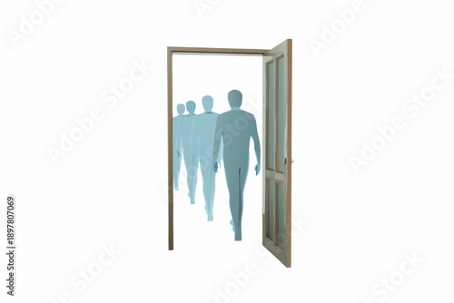 An open doorway revealing ghostly figures walking towards the viewer