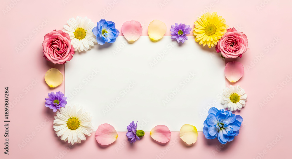 Fototapeta premium Floral border with blank space for text flowers frame pink