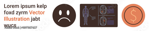 Healthcare access, financial burdens, emotional stress, diagnosis, medical research, cost analysis. A sad face, medical scans and a dollar symbol. Healthcare access and financial burdens concepts