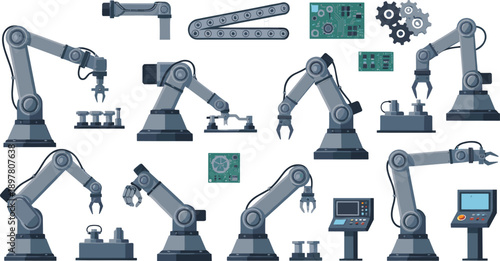 Vector Set of Industrial Robotic Arms, Automated Assembly Line Components, Circuit Boards, and Control Panels for Smart Factory and Manufacturing Technology Designs