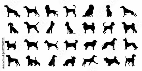Collection of black silhouettes depicting various dog breeds and poses