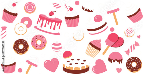 Vivid Vector Pattern of Pink and Dark Chocolate Desserts Including Layered Cakes, Cupcakes with Cherries, Donuts, and Heart-Shaped Candies for Festive Celebration Backgrounds