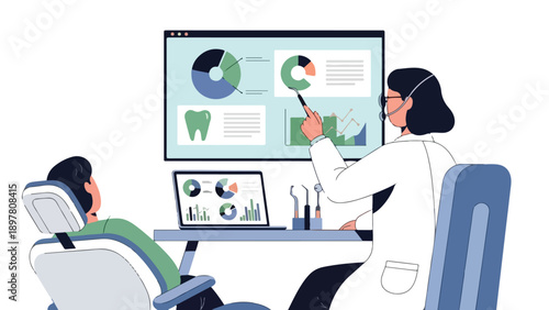A dentist explains dental health statistics on a screen to a patient in a modern dental office with a professional and educational mood.