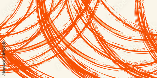 Abstract expressionist art featuring swirling orange lines on a light background