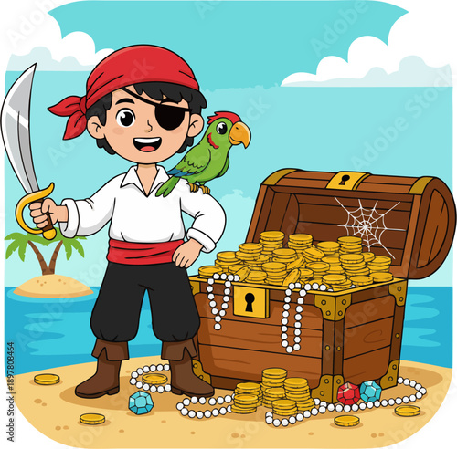 Cartoon Pirate Boy with Parrot Standing by Open Treasure Chest on Tropical Beach with Palm Trees and Ocean Waves