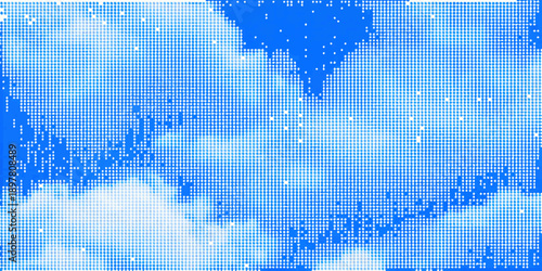 Pixelated blue sky with clouds and a heart shaped formation