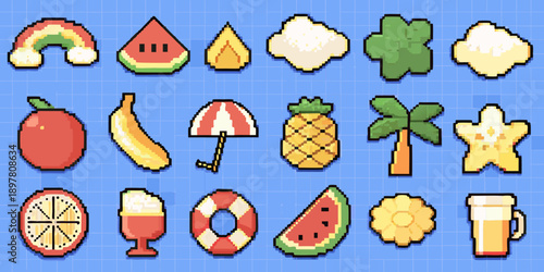 Colorful pixel art icons depicting various summer and fruit themed objects