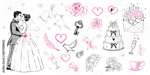 Romantic wedding illustration featuring a couple flowers and celebratory elements