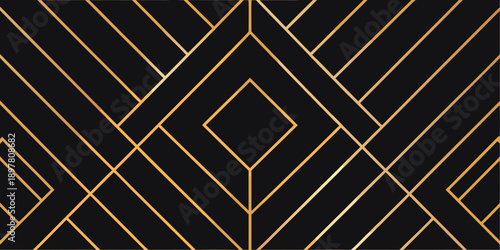 Geometric art deco pattern with golden lines on a black background