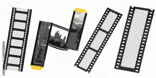 Film strips arranged to resemble the number 7 with a cityscape image