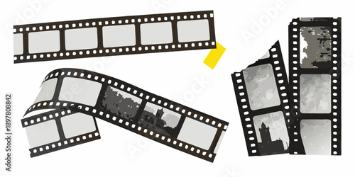 Arrangement of vintage film strips with varying degrees of damage