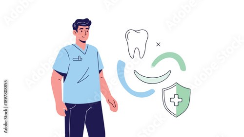 A male dentist standing next to a tooth and shield icons on a white background with a blue uniform and dark pants.