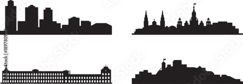 Black silhouette collection of city skylines and historical landmarks on transparent background